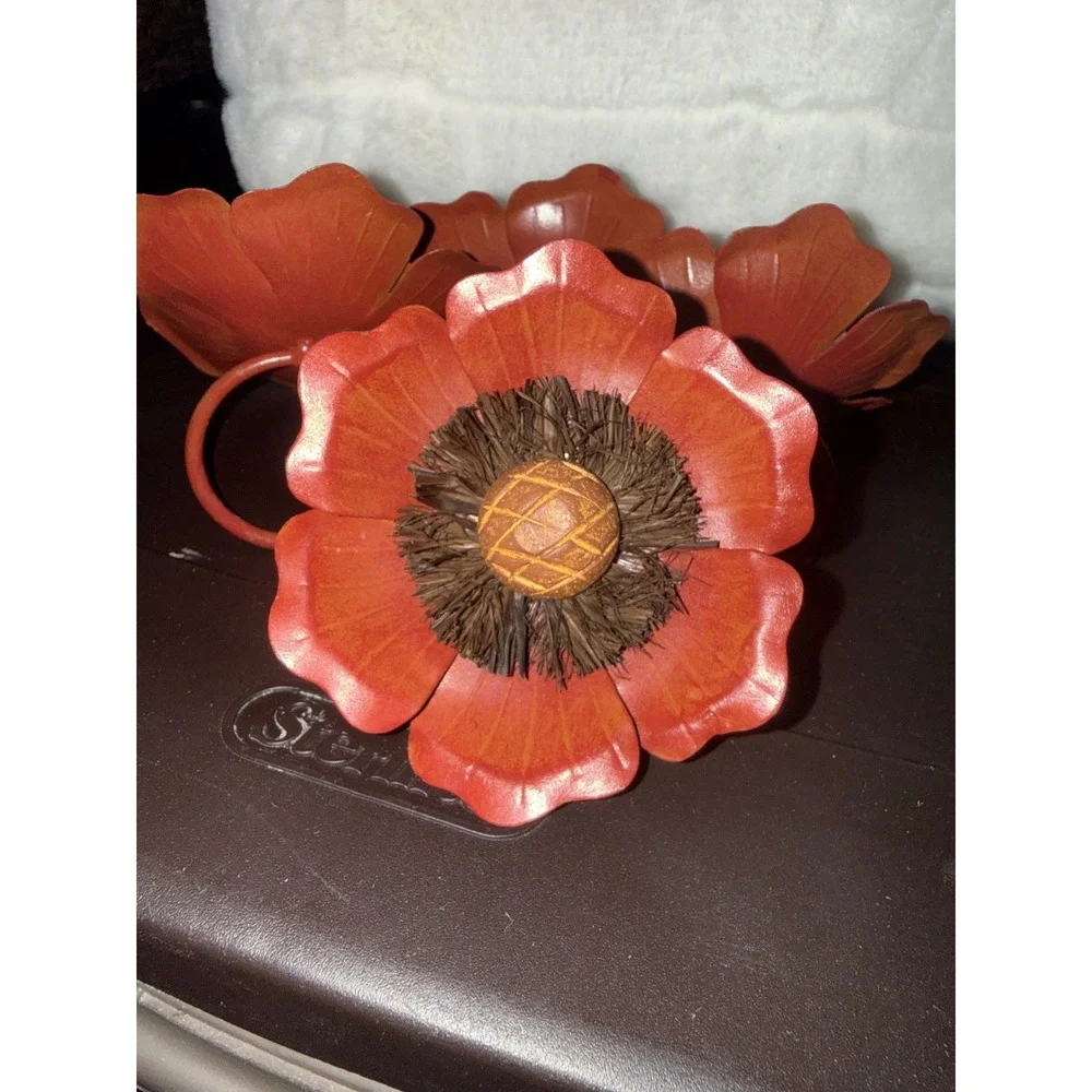 Vintage Burnt Orange Metal Flower Napkin Rings Set of 4 Autumn Floral Decor